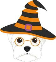 Halloween Gruß Karte. Westen Hochland Weiß Terrier Hund gekleidet wie ein Hexe mit Brille und schwarz und Orange Hut vektor