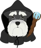 halloween hälsning kort. schnauzer hund klädd som en trollkarl med svart huva och magi wand vektor