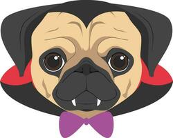 Halloween Gruß Karte. Mops Hund gekleidet wie ein Vampir mit Reißzähne, Bogen Krawatte und Kap vektor