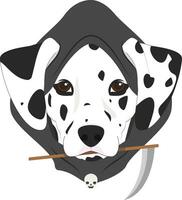 halloween hälsning kort. dalmatian hund klädd med svart huva och en små lie i de mun vektor