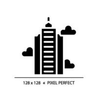 2d Pixel perfekt Glyphe Stil Wolkenkratzer Symbol, isoliert Vektor, Silhouette Gebäude Illustration. vektor