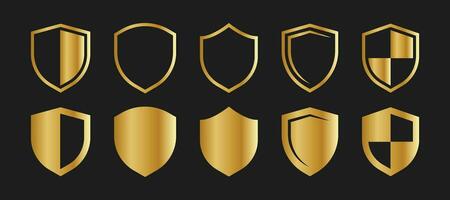 Gold Schild Vektor Symbole zum Sicherheit bewachen, Schutz Symbol, Privatsphäre, Verteidigung und Militär- Design Elemente, Sicherheit Gold Schild Vektor Illustration mit glänzend und glänzend realistisch