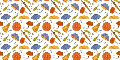 nahtlos Muster mit Hand gezeichnet hell anders Regenschirme und Regen Tropfen auf Weiß Hintergrund im eben Karikatur Stil. zum Hintergrund, Verpackung, Textil- vektor