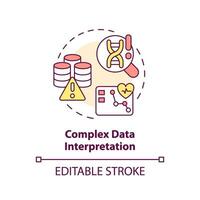 Komplex Daten Interpretation Konzept Symbol. Potenzial Fehler im Forschung. Präzision Medizin Herausforderung und Einschränkung abstrakt Idee dünn Linie Illustration. isoliert Gliederung Zeichnung. editierbar Schlaganfall vektor