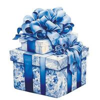 vattenfärg teckning, gåva låda med band och blommor i blå. bebis pojke vektor