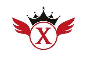 brev x transport logotyp med vinge, skydda och krona ikon. vinge logotyp på skydda symbol vektor