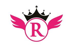 brev r transport logotyp med vinge, skydda och krona ikon. vinge logotyp på skydda symbol vektor