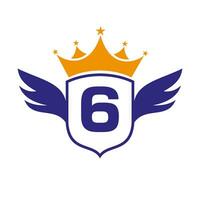 brev 6 transport logotyp med vinge, skydda och krona ikon. vinge logotyp på skydda symbol vektor