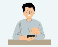 Mann mit ein Finger auf das Bildschirm mit ein Handy, Mobiltelefon Telefon im das Büro vektor