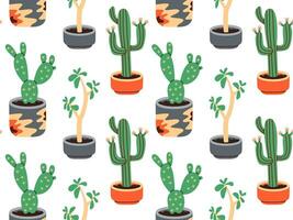 nahtlos Muster von Sukkulenten von verschiedene Formen, eingetopft Pflanzen, Kaktus eingetopft. Blühen Kakteen, Beliebt Haus Pflanzen. eben Vektor Illustration.