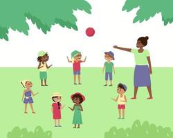 Kinder spielen Ball in der Natur unter Aufsicht eines Lehrers vektor