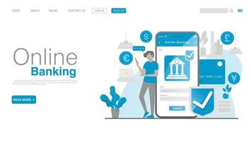Online-Banking und mobiles Bezahlen. Landingpage im flachen Stil. Vektoreps 10