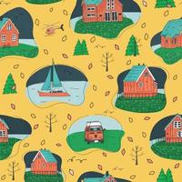 gelbe, rosa, blaue, grüne skandinavische Holzhäuser und Bäume ohne Blätter mit Yacht und Wohnwagen nahtloses Wiederholungsmuster vektor