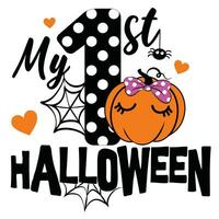 min först halloween, babys 1:a halloween, stock illustration, firande halloween. ung och Lycklig, t skjorta grafik, affischer, fest begrepp, textil- design, och kort. vektor