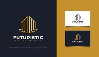 abstraktes und futuristisches Immobilien-Logo-Design im Goldlinien-Stil. Bau-, Architektur- oder Gebäudelogo-Designvorlage vektor