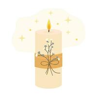 schön Vektor Kerze mit ein Dekoration von getrocknet Blumen. stilvoll handgemacht Kerze. Weiß isoliert Hintergrund.
