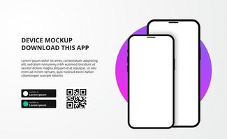 målsida bannerannonsering för nedladdning av app för mobiltelefon, 3d dubbel smartphone-enhet mockup. nedladdningsknappar med skanna qr-kodmall.
