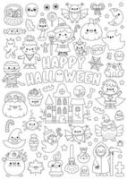 Vektor Halloween Vertikale Linie Färbung Seite zum Kinder mit süß kawaii Figuren. schwarz und Weiß Herbst Urlaub Illustration mit Hexe, Vampir, Geist, Kürbis. komisch suchen Poster