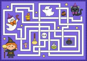 halloween labyrint för ungar. höst Semester förskola tryckbar aktivitet med söt söt häxa, katt, spöke. skrämmande labyrint spel eller pussel med söt tecken. Allt helgon dag kalkylblad för barn vektor