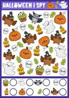 Halloween ich Spion Spiel zum Kinder. suchen und Zählen Aktivität mit süß kawaii Urlaub Symbole. unheimlich Herbst druckbar Arbeitsblatt zum Vorschule Kinder. einfach alle Heilige Tag Spek Puzzle vektor