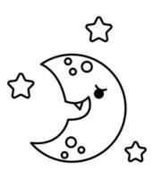 Vektor schwarz und Weiß kawaii Hälfte Mond. süß lächelnd Halloween Linie Charakter zum Kinder. komisch Herbst alle Heilige Tag Karikatur unheimlich Planet mit Sterne Illustration. Samhain Party Symbol oder Färbung Seite