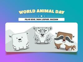 värld djur- dag, fyrkant djur- tecknad serie uppsättning polär Björn, snö leopard, och tvättbjörn. vektor