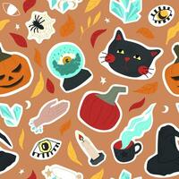 orange sömlös mönster av söt halloween symboler - svart katt, ögon, häxa hatt, pumpor, spindlar, förmögenhet talande boll, kristaller, höst löv. illustration för omslag papper, bakgrund, tapet vektor