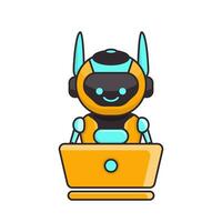 Roboter Charakter Arbeit mit Laptop Vektor Illustration. süß Karikatur Roboter Illustration