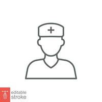 sjuksköterska ikon. enkel översikt stil. medicinsk assistent, manlig, man, läkare, läkare, hälsa, medicin, sjukhus begrepp. tunn linje symbol. vektor isolerat på vit bakgrund. redigerbar stroke eps.