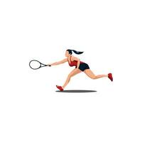 Vektor Abbildungen - - Sport Frau Lauf und schwingen seine Tennis Schläger horizontal zu erreichen das Ball - - eben Karikatur Stil