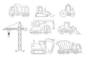 Konstruktion Ausgrabung, Straße Rolle, Kran und LKW. Gliederung Abbildungen einstellen isoliert auf Weiß. kindisch süß Konstruktion Fahrzeug zum Färbung Buch vektor