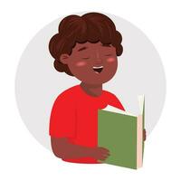 glücklich schwarz Junge lesen ein Grün Buch. Ausbildung, lesen Konzept. Vektor Karikatur Illustration.
