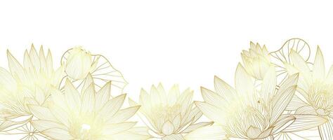 lyx gyllene lotus blomma linje konst bakgrund vektor. naturlig botanisk elegant blomma med guld linje konst. design illustration för dekoration, vägg dekor, tapet, omslag, baner, affisch, kort. vektor