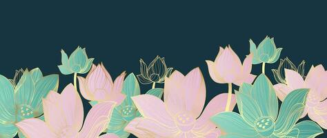 Luxus golden Lotus Blume Linie Kunst Hintergrund Vektor. natürlich botanisch elegant Blume mit Gold Linie Kunst. Design Illustration zum Dekoration, Mauer Dekor, Hintergrund, Abdeckung, Banner, Poster, Karte. vektor
