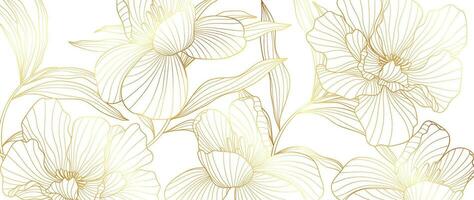 lyx gyllene pion blomma linje konst bakgrund vektor. naturlig botanisk elegant blomma med guld linje konst. design illustration för dekoration, vägg dekor, tapet, omslag, baner, affisch, kort. vektor