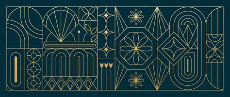 Luxus geometrisch Gold Linie Kunst und Kunst Deko Hintergrund Vektor. abstrakt geometrisch Rahmen und elegant Kunst Jugendstil mit empfindlich. Illustration Design zum Einladung, Banner, VIP, Innere, Dekoration. vektor