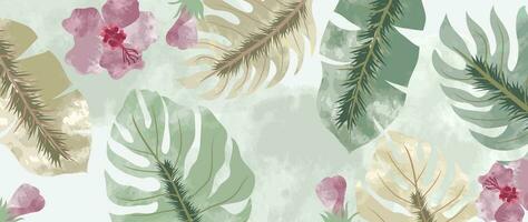 tropisk blad linje konst bakgrund vektor. naturlig botanisk löv mönster design i linjär kontur, vattenfärg textur. växt illustration för tyg, skriva ut, omslag, baner, dekoration, tapet. vektor
