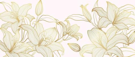 lyx gyllene lilja blomma linje konst bakgrund vektor. naturlig botanisk elegant blomma med guld linje konst. design illustration för dekoration, vägg dekor, tapet, omslag, baner, affisch, kort. vektor