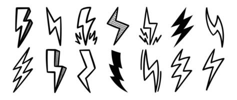 einstellen von Blitz Gekritzel Element Vektor. Hand gezeichnet Gekritzel Stil Sammlung von anders elektrisch Blitz Bolzen Symbol. Illustration Design zum drucken, Karikatur, Karte, Dekoration, Aufkleber, Symbol. vektor