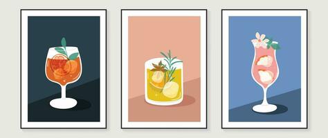 trinken und Getränk Mauer Kunst Vektor Satz. Hand gezeichnet Gekritzel Design mit Cocktail, Obst Saft, funkelnd Wasser. Illustration zum drucken, Hintergrund, Abdeckung, Restaurant Bild Dekoration, Cafe Innere.