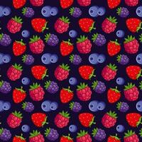 nahtlos Muster mit Brombeeren, Himbeeren, Erdbeeren, Blätter auf ein Blau Hintergrund. Ideal zum Textilien, Sommer- Dekorationen, Hintergrund, gesund Essen Menüs. vektor