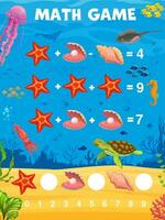 matematik spel kalkylblad med hav djur, fisk, skal vektor
