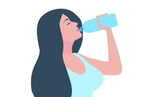 gesund Frau Trinken Wasser von Plastik Flasche Vektor Illustration. gesund Lebensstil Konzept
