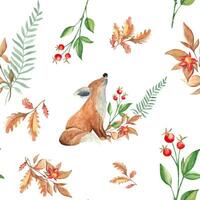 nahtlos Aquarell Muster mit süß Baby Fuchs, Eiche verlassen, rot Beeren und Ast mit rot Blume. botanisch Hand gezeichnet Illustration. können Sein benutzt zum Geschenk Verpackung Papier, Küche Textil. vektor