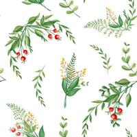 nahtlos Aquarell Muster mit Grün Geäst, Gelb Wildblumen und rot Beeren. botanisch Sommer- Hand gezeichnet Illustration. können Sein benutzt zum Geschenk Verpackung Papier, Küche Textil- und Stoff Drucke. vektor