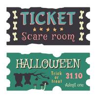 einstellen von Halloween Tickets isoliert. anders Farbe Hand gezeichnet Vorlage von Coupon, Einladung. Silhouette von Schläger, Pilz, Knochen, Farbe Text. Herbst Urlaub von tot. Vektor Karikatur Illustration