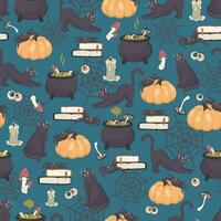 Halloween nahtlos Muster. wiederholt Urlaub drucken. Hand gezeichnet Gekritzel Charakter. süß schwarz Katze, Kürbis, buchstabieren Buch, Kerze, Pilze, Spinne. druckbar Textur Hintergrund. Vektor Illustration