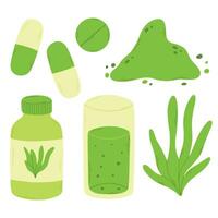 spirulina uppsättning isolerat på vit bakgrund. spirulina medicin samling. vektor illustration.