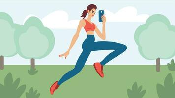 Sport bloggen. Sport Mädchen Blogger Joggen im das Park, Aufzeichnung Video oder Rundfunk- online von ein Smartphone zum Sozial Netzwerke. Sport streamen, Betrieb, gesund Lebensstil. Vektor