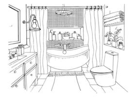 Hand gezeichnet modern Badezimmer Innere Design. Vektor skizzieren Illustration.